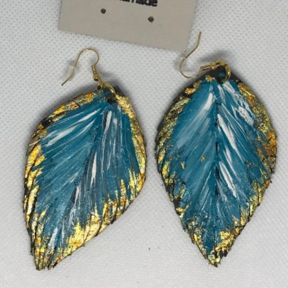 Leather hand painted golf leaf turquoise earrings - Picture 1 of 3
